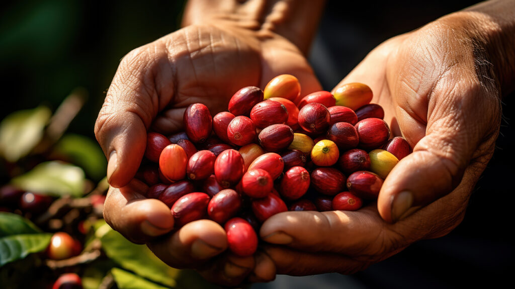 A hand presenting a coffee bean, symbolizing harvest time.